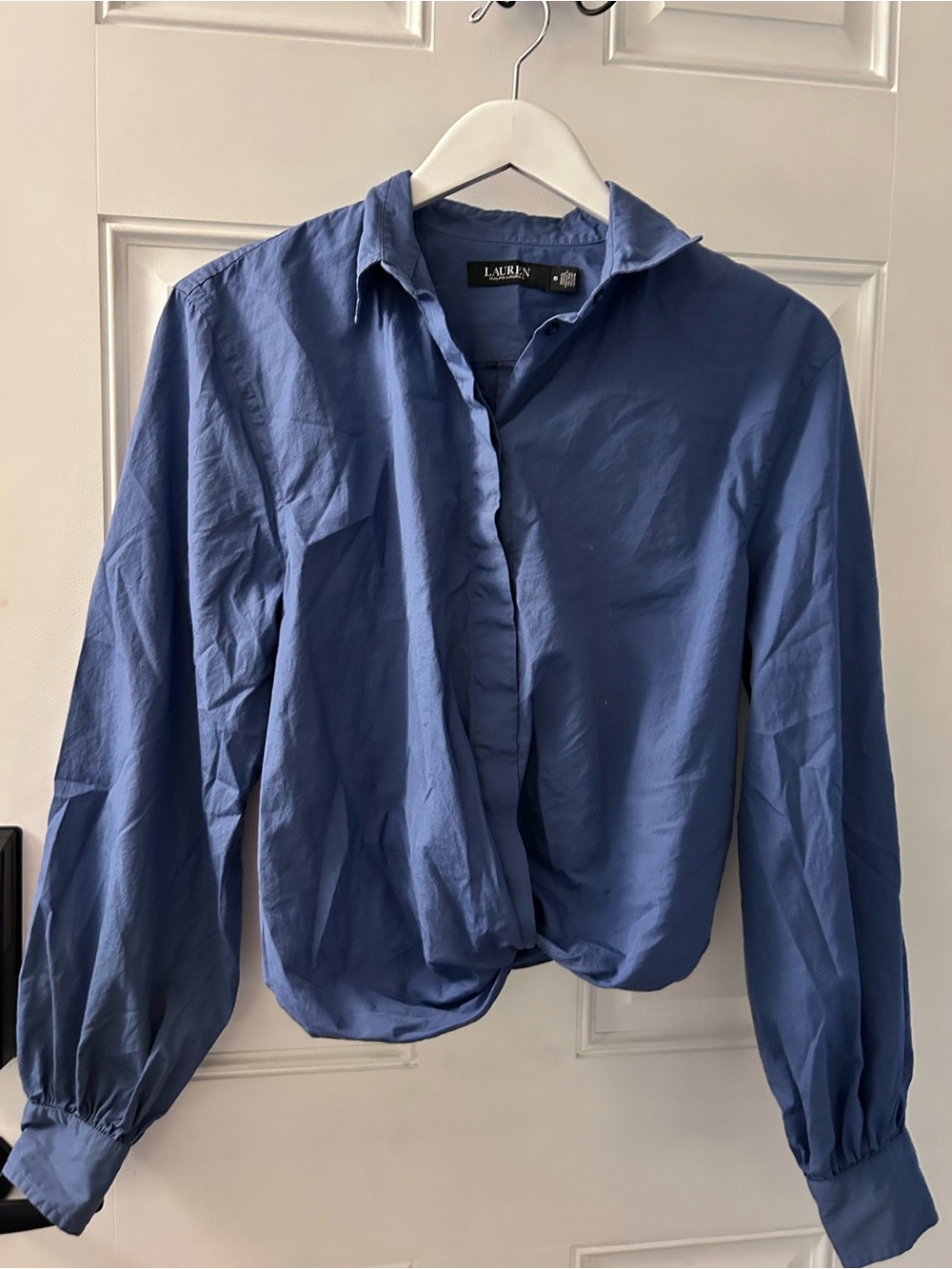 Ralph Lauren Soft Blue Twist-Front Button Blouse